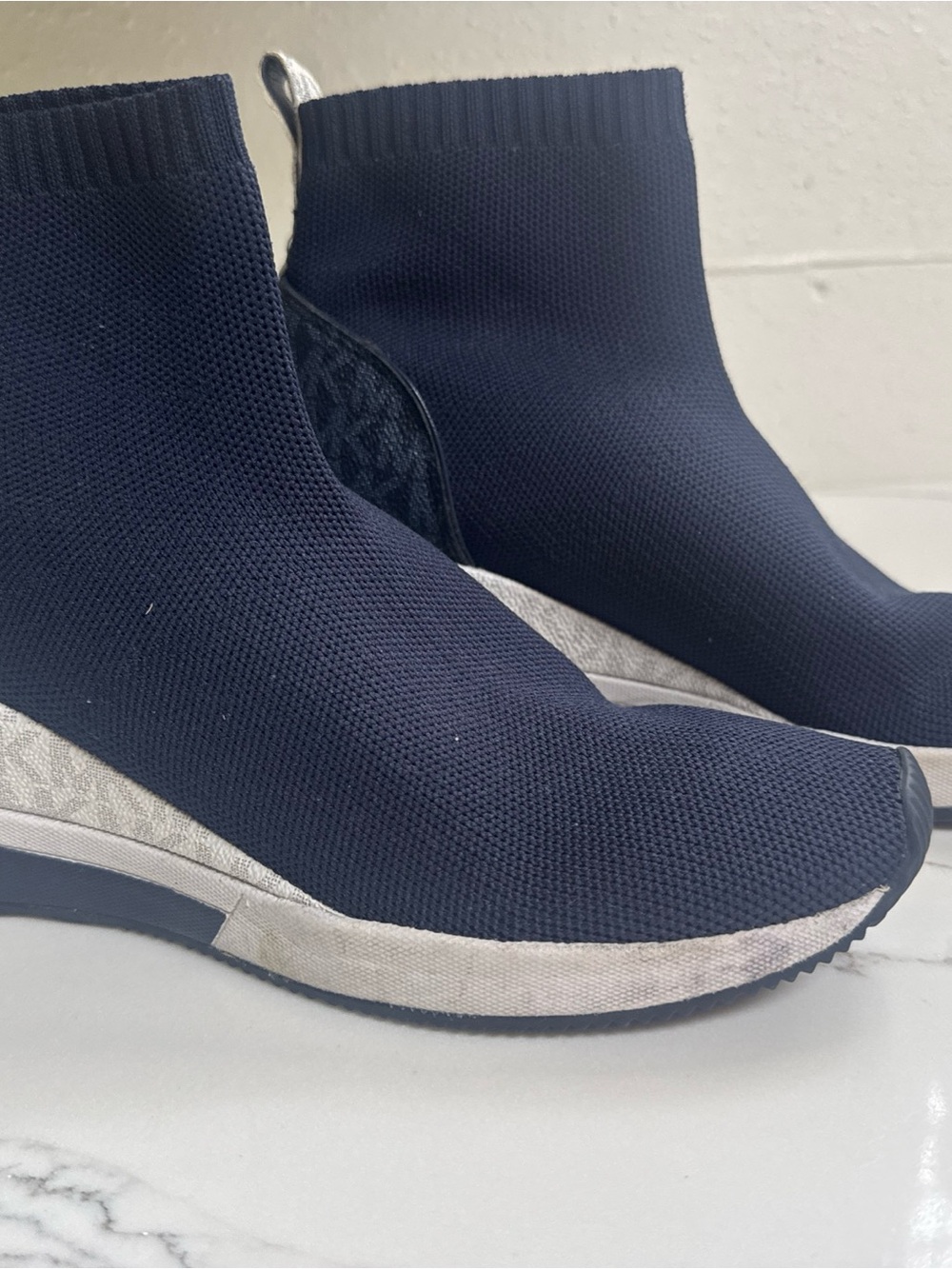Michael Kors Navy Knit Sock Sneakers blue with Silver Accents